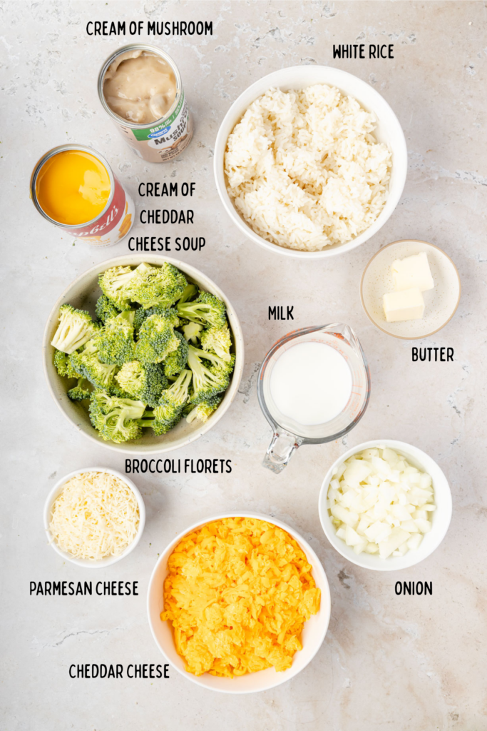 Ingredients for Broccoli rice casserole in little bowls