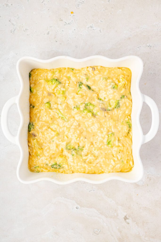 rice, Broccoli and cheese sauce, and a casserole pan