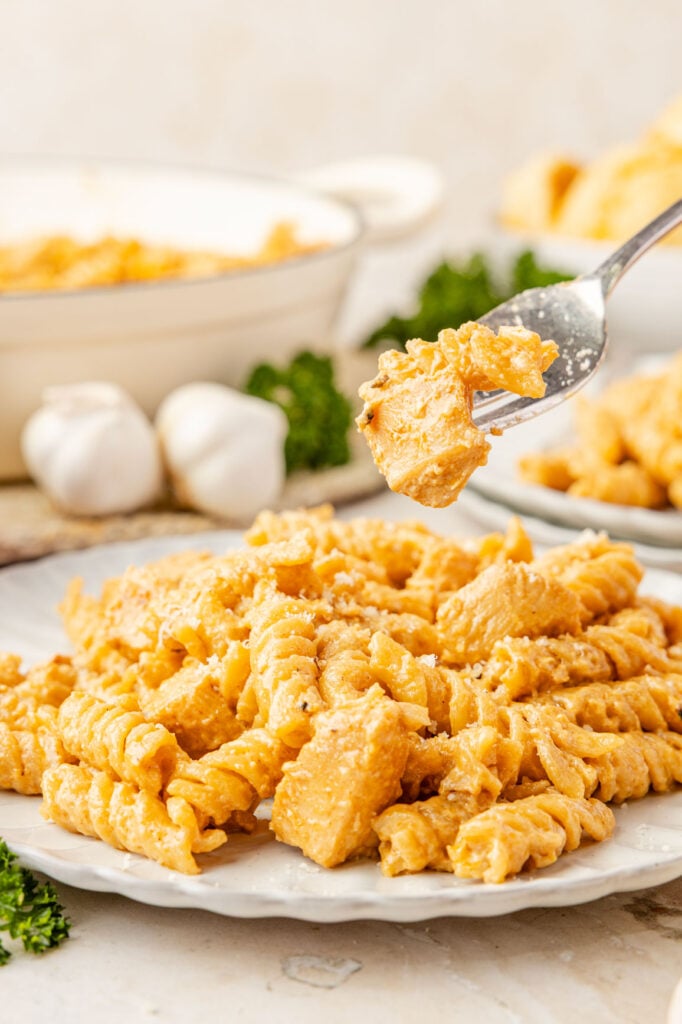 Creamy Chicken and Garlic Pasta on a plate picking up a bite on a fork.