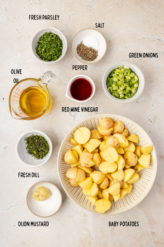 Ingredients French Potato Salad (Easy No Mayo Potato Salad) an individual bowls.