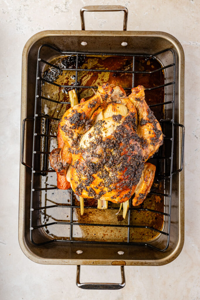 Herb Roasted Chicken on a roasting pan