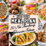 A collage of July meal plan recipe, images from meatballs to pasta to chicken to ribs.