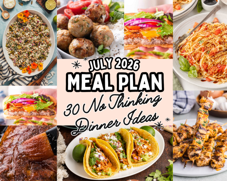 A collage of July meal plan recipe, images from meatballs to pasta to chicken to ribs.