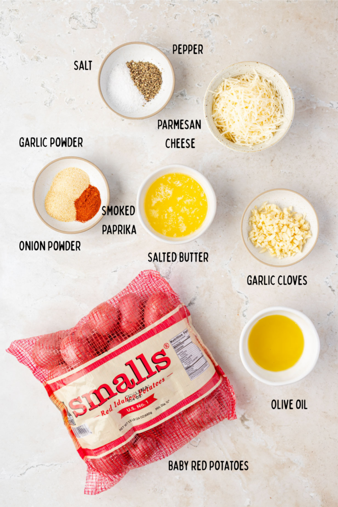 Parmesan Smashed Potatoes Ingredients in small bowls