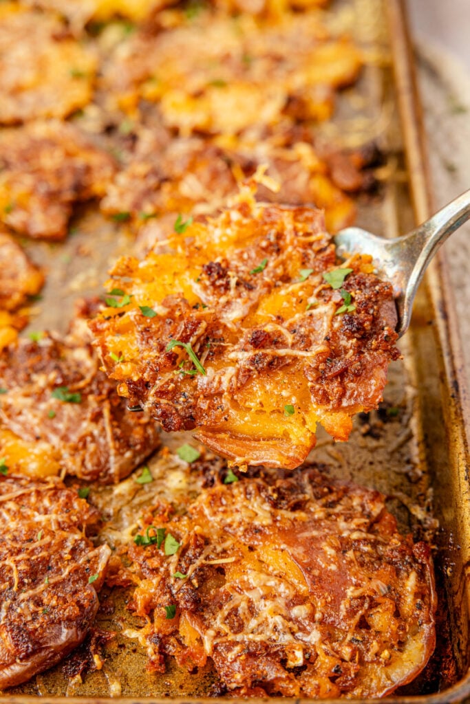 Close-up of a mashed potato on a sheetpan with Parmesan cheese over the top.
