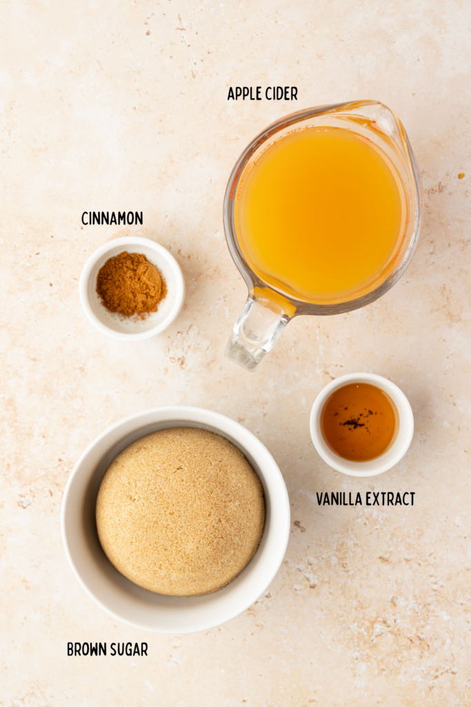 Ingredients for apple brown sugar syrup in individual bowls