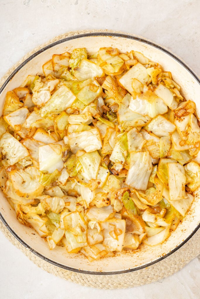 cooked cabbage in a pan