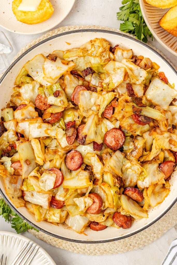 Fried Cabbage and Sausage in a pan