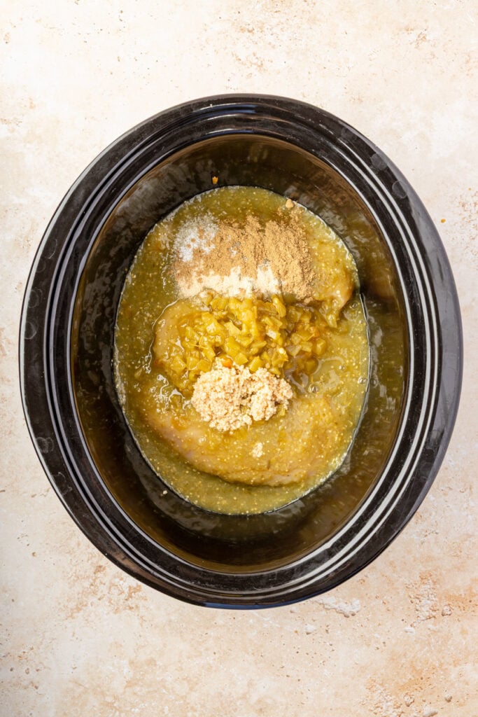 ingredients for Slow Cooker Salsa Verde Chicken in a crockpot
