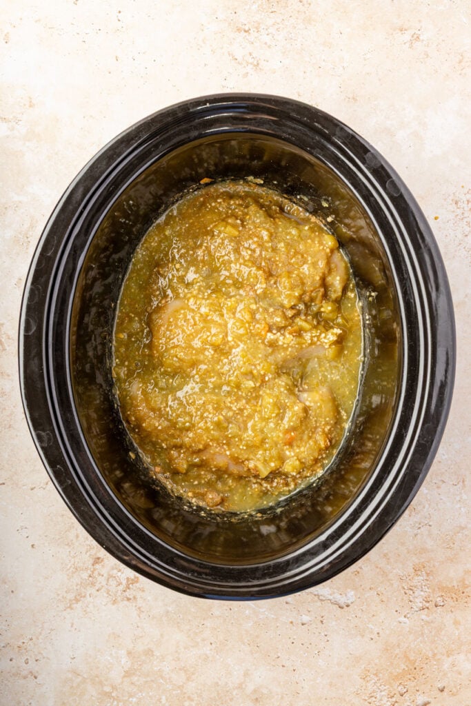 raw Salsa Verde Chicken in a slow cooker