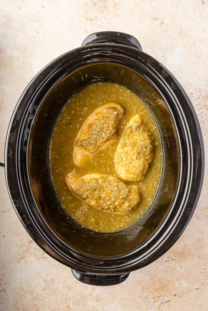 cooke Slow Cooker Salsa Verde Chicken in a crockpot