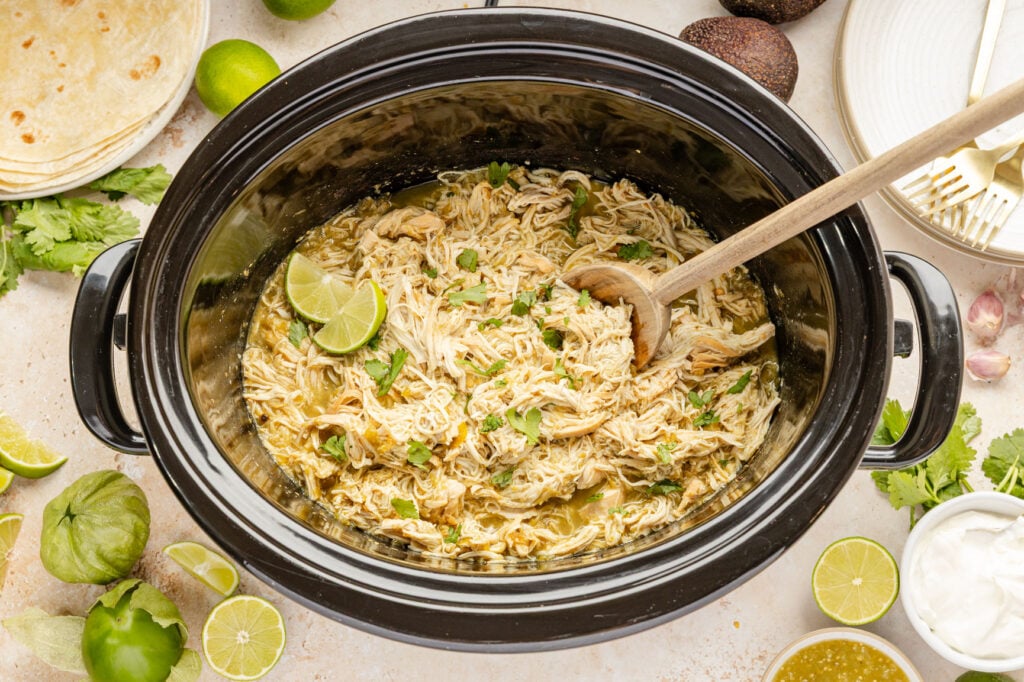 Slow Cooker Salsa Verde Chicken in a crockpot