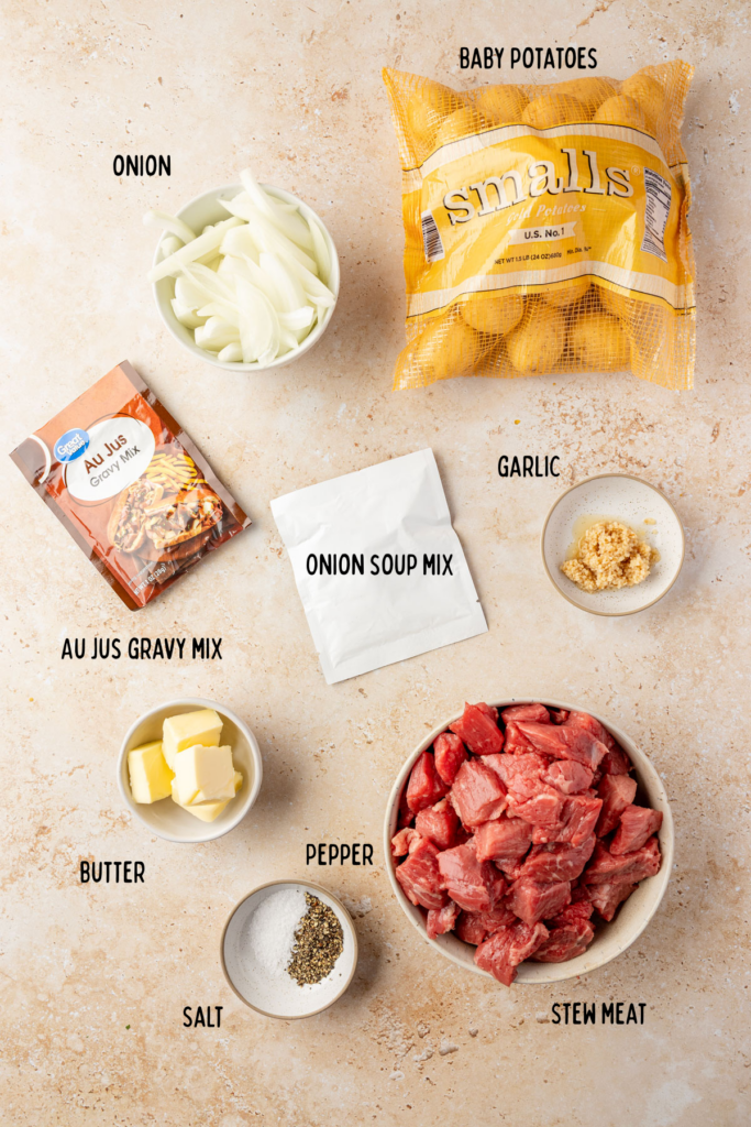 Slow Cooker Steak and Potatoes Ingredients in small bowls and bags.