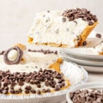 a slice of Cannoli Pie being pulled out of a pie