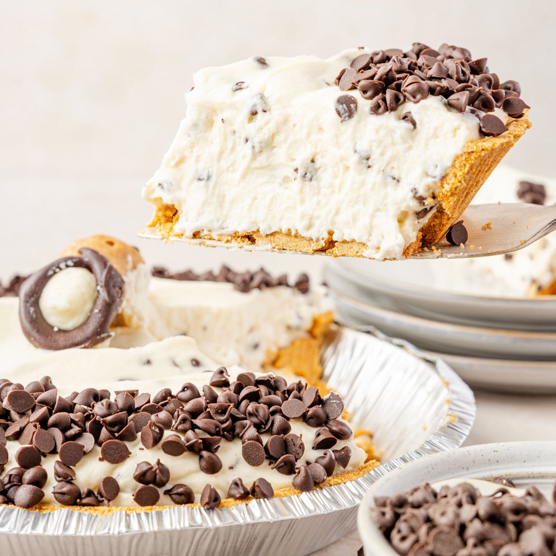 a slice of Cannoli Pie being pulled out of a pie
