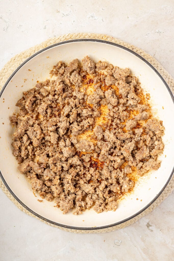 Cooked sausage in a skillet