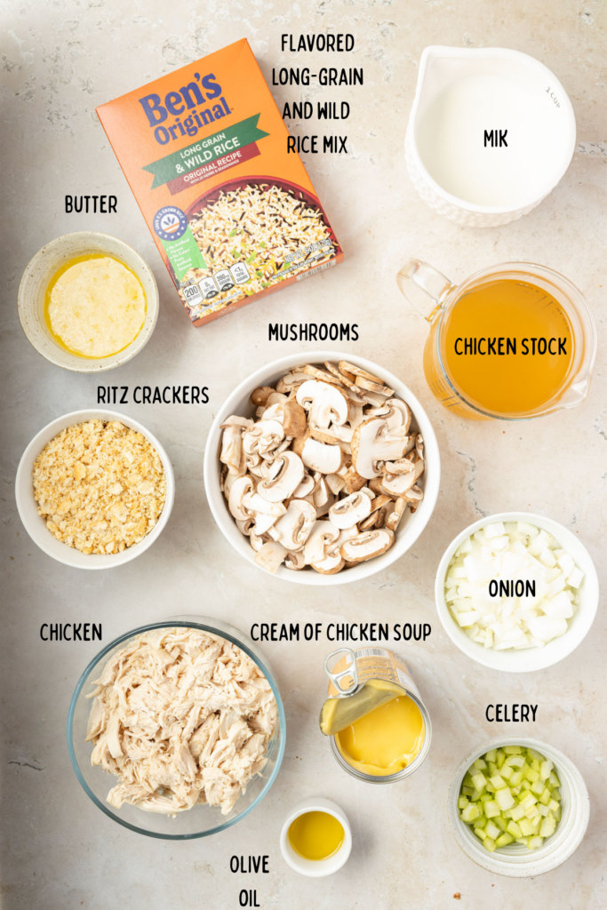 Chicken Wild Rice Casserole Ingredients ingredients in small mix bowls