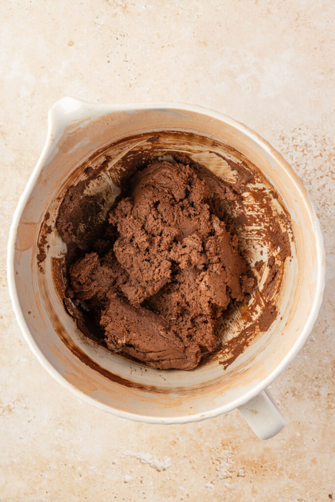 Finished chocolate cookie batter in a mixing bowl.