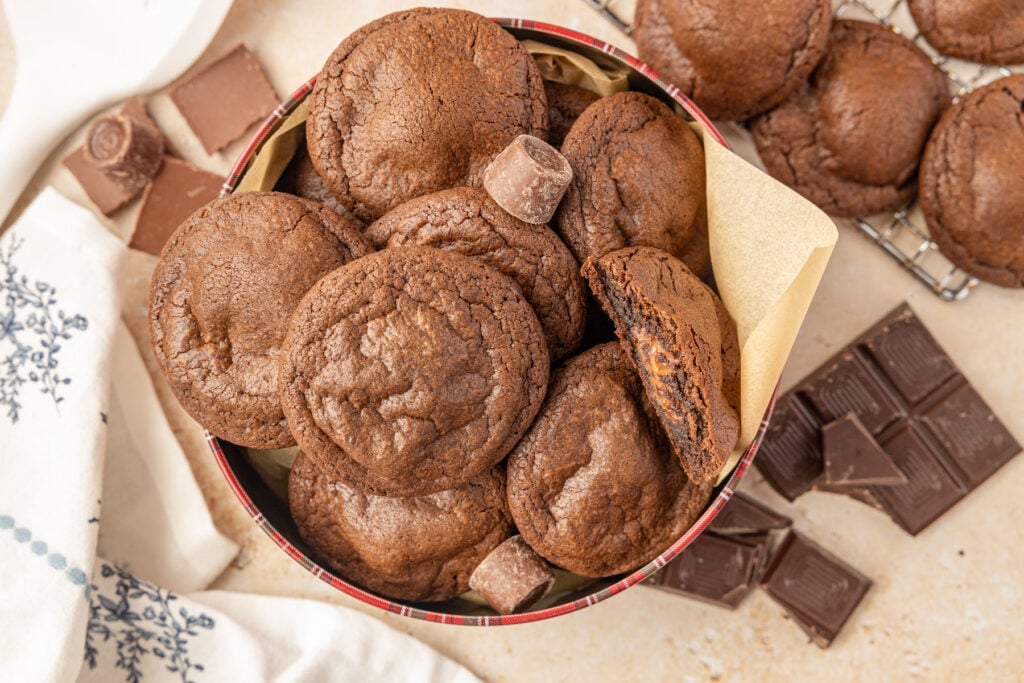 Rolo Cookies in a Christmas cookie tin with Rolo's