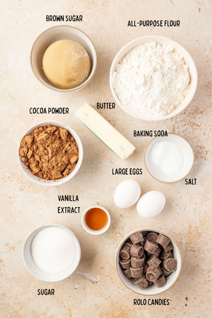 All the ingredients for Rolo cookies and small little bowls.