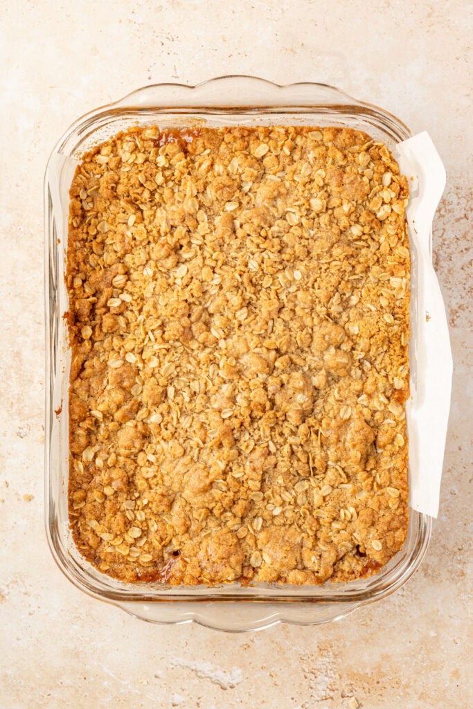 Finished apple pie bars in a 9 x 13 baking pan.