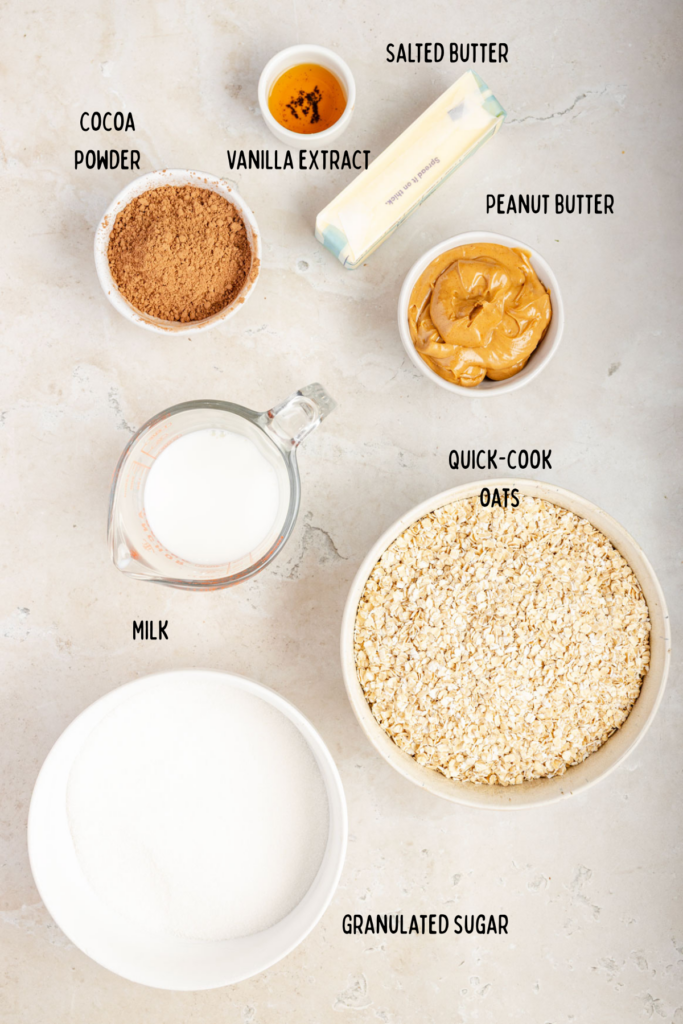 All the ingredients to chocolate no bake cookies in individual bowls.