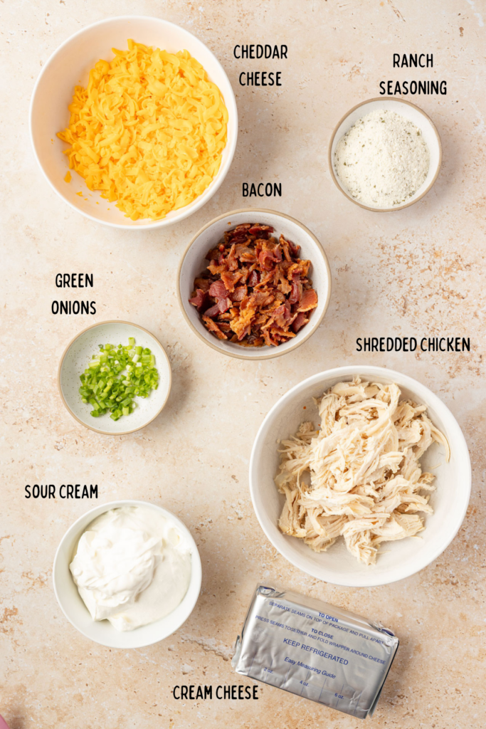 All the ingredients for cracked chicken dip in individual bowls.