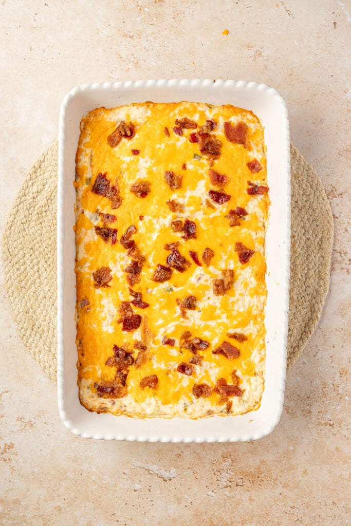 Finished cracked chicken dip and a 9 x 13 pan