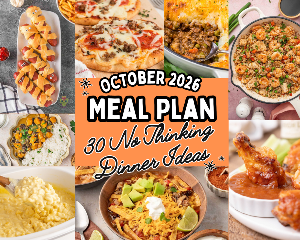 Image collage of all the October meal plan recipes from mommy hotdog to chili to wings to pizza