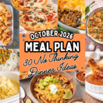 Image collage of all the October meal plan recipes from mommy hotdog to chili to wings to pizza
