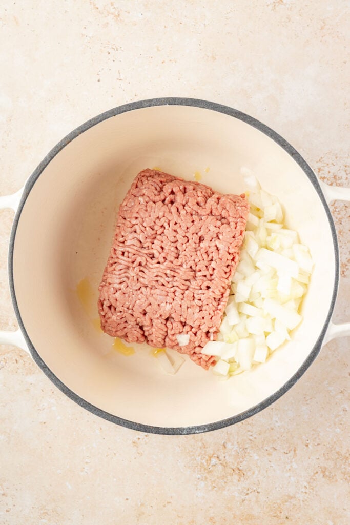 Raw hamburger and onions in a Dutch oven.