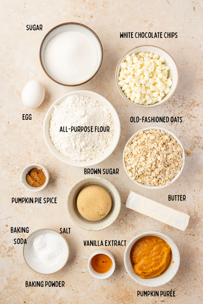 All the ingredients for pumpkin oatmeal, cookies, and individual mixing bowls.