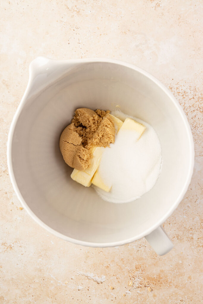 Granulated sugar, brown sugar, and softened butter in a mixing bowl