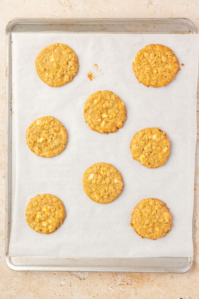 Finish pumpkin oatmeal cookies on a sheet pan with parchment paper