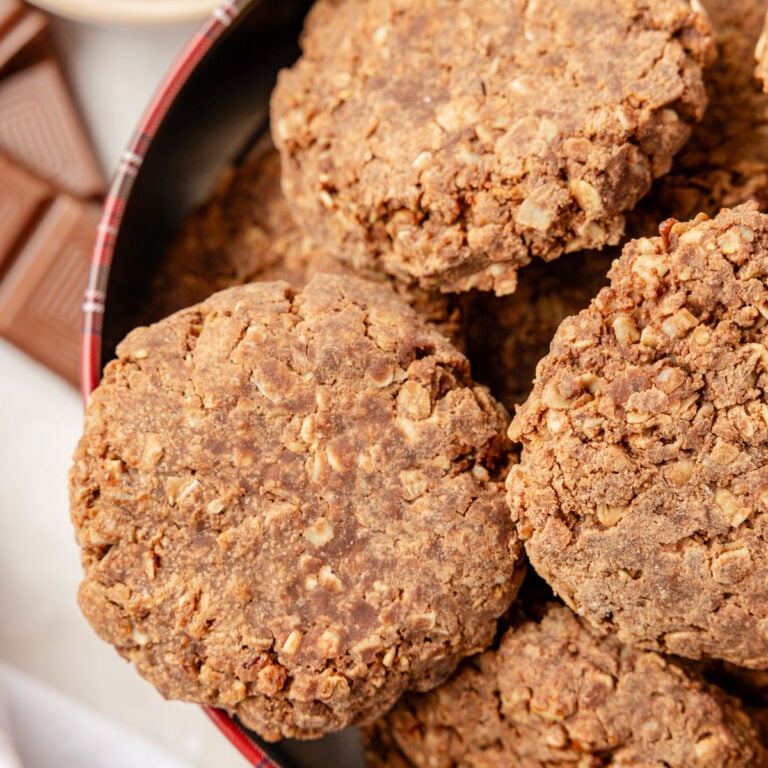 Chocolate no bake cookies in a Christmas tin