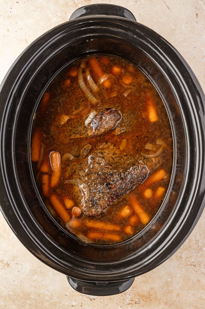 finished Slow Cooker Chuck Roast in crockpot.