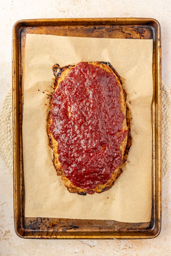 Finished Thanksgiving Meatloaf on a sheet pan.