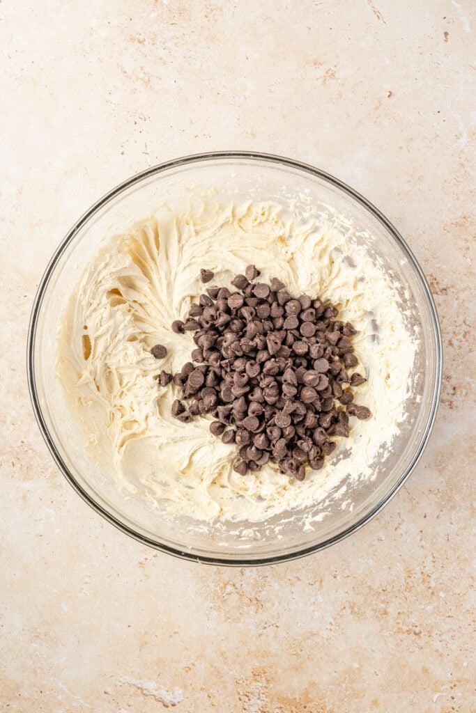 Cake, batter, and chocolate chips in a mixing bowl