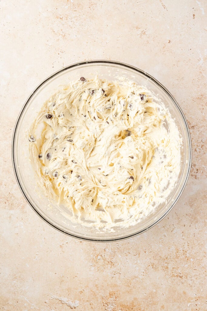 finished cake batter in a mixing bowl.