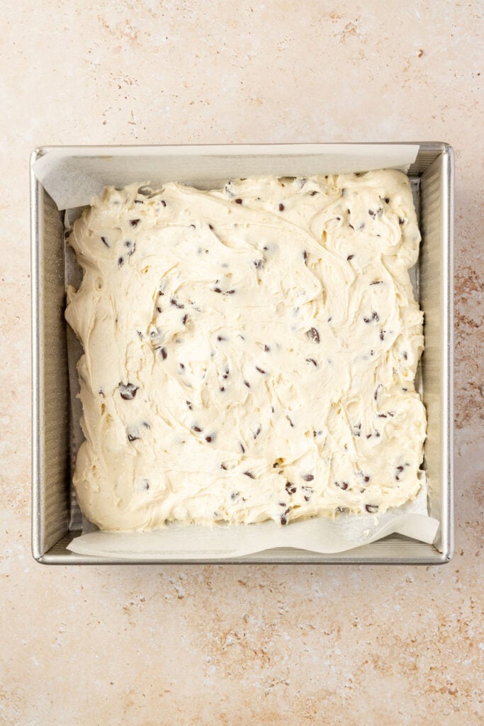 cake batter in a cake pan