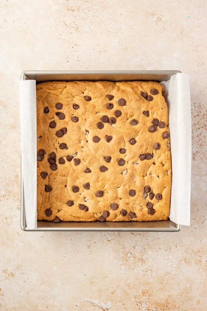 finished Cake Mix Cookie Bars in a cake pan.