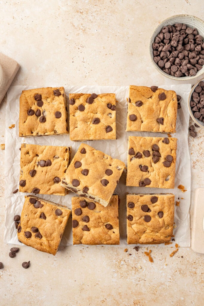 Cake Mix Cookie Bars on a sheet of parchment paper.