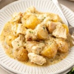 Plated Slow Cooker Garlic Parmesan Chicken And Potatoes with crockpot in the background.