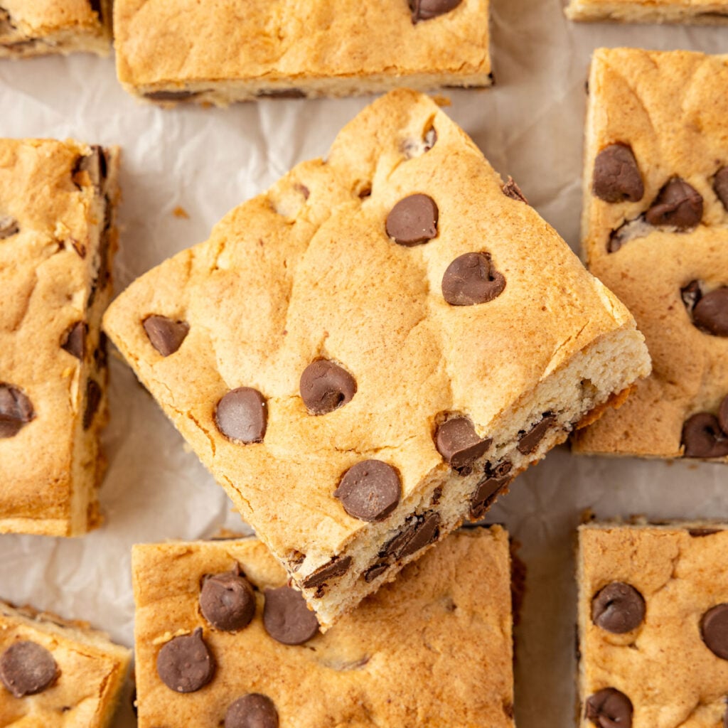 Cake Mix Cookie Bars on a sheet of parchment paper.