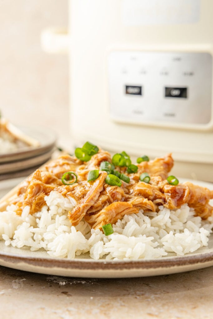 Slow Cooker Teriyaki Chicken served over fluffy white rice with a sweet and savory sauce.